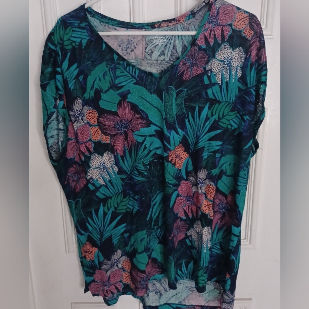 Linen Loft Women's Tropical Green March Floral Short Sleeve Size XLarge
